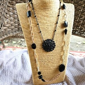DG2 (Diane Gilman) Gold-tone Beaded Chain Plus Black Beaded Circular Necklace